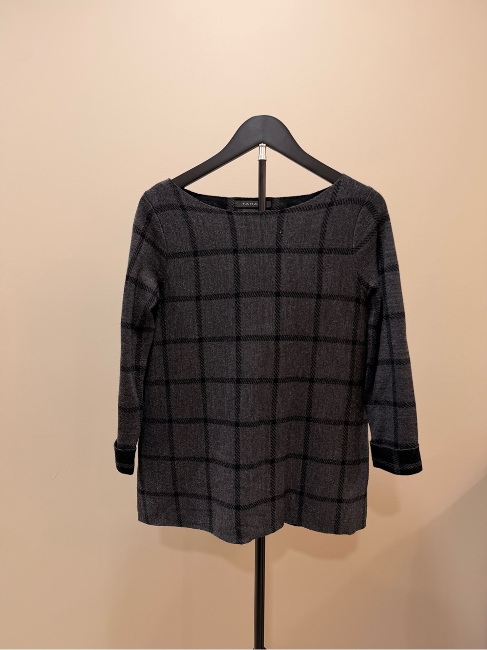 Tahari Charcoal & Black Windowpane Boatneck Tunic